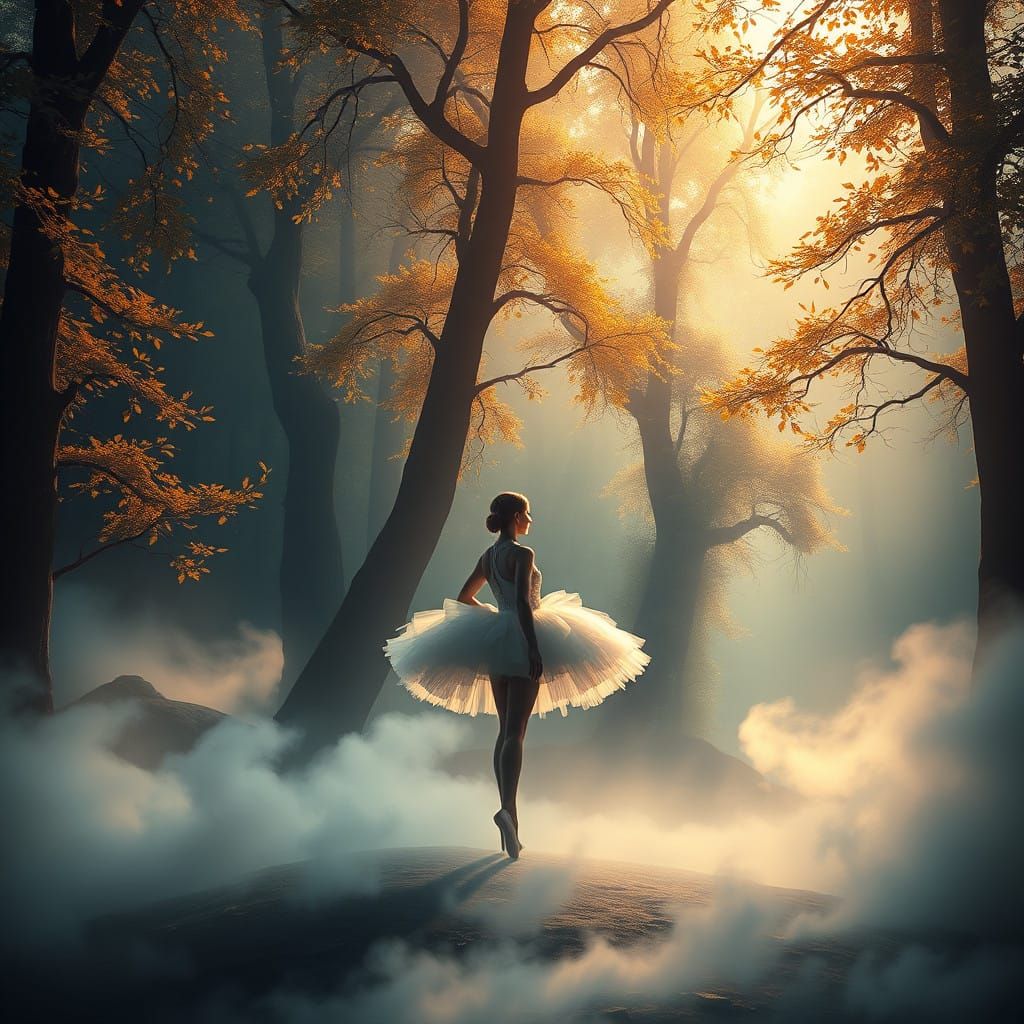Ethereal Ballerina in Dreamlike Forest