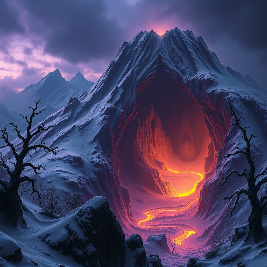 Surreal Snow-Covered Volcano Lair, Dynamic Lighting