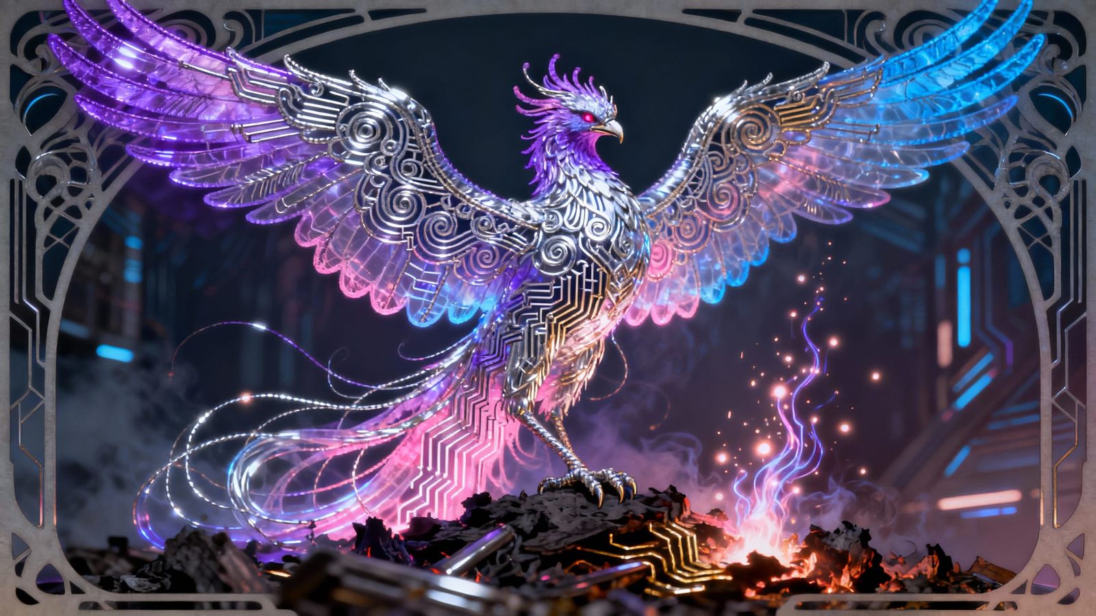Ethereal Phoenix Rises in Art Nouveau Style