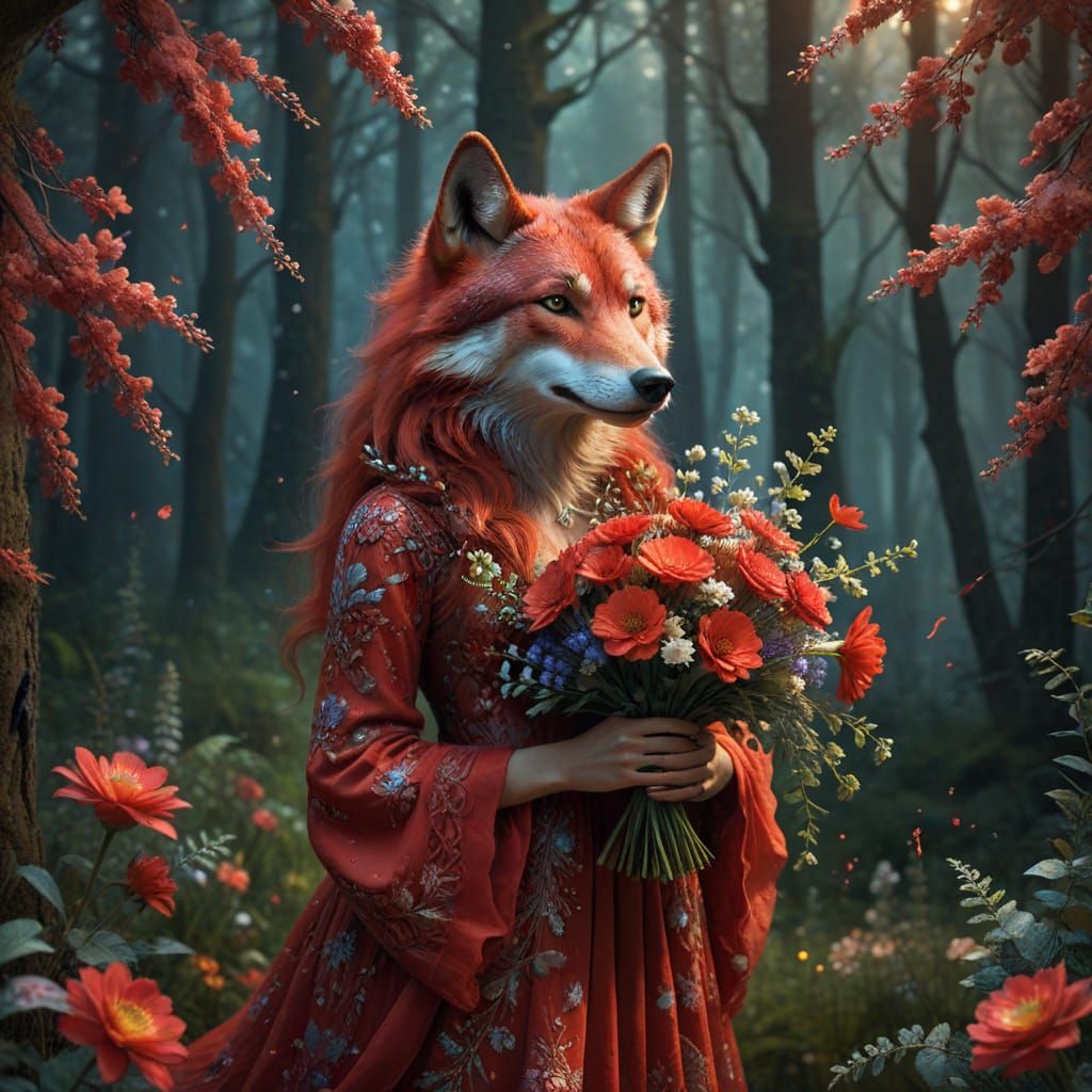 Ethereal Red She-Wolf in Enchanted Forest