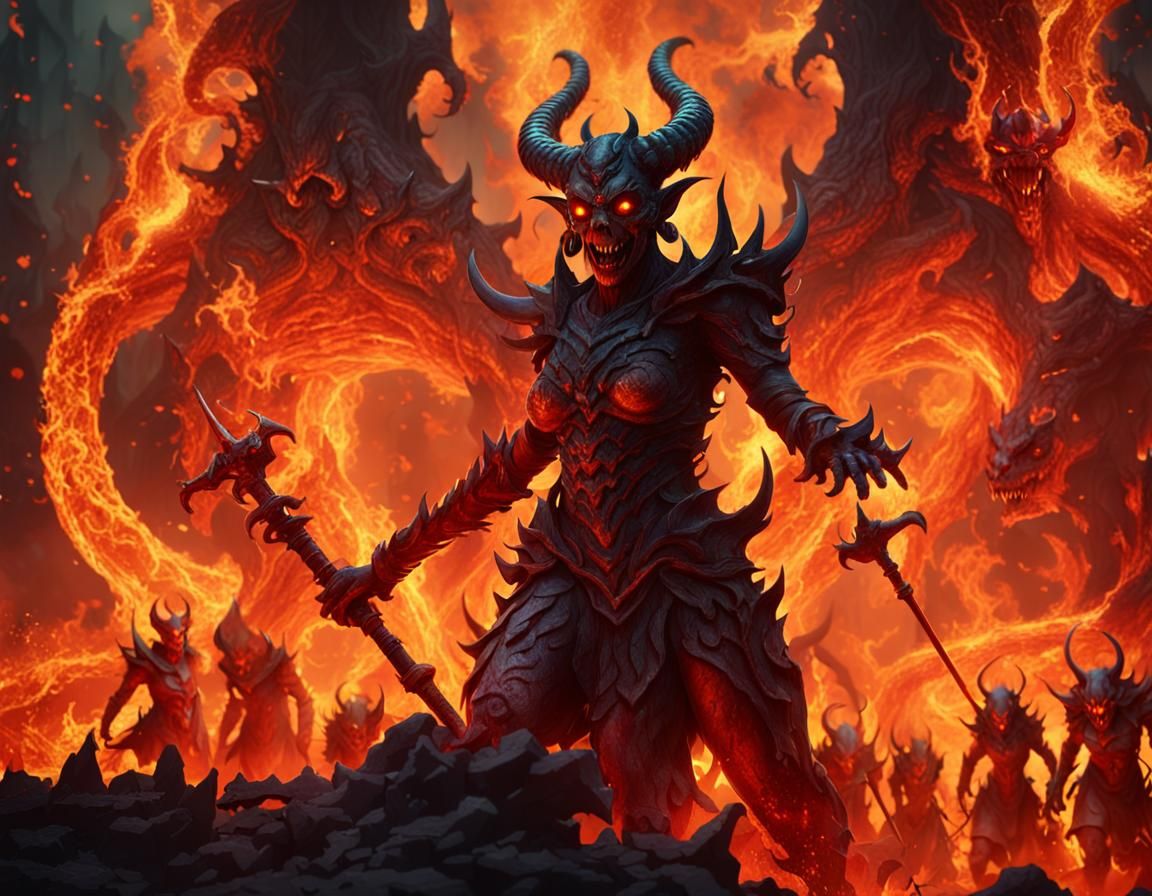 Several female demons in hell, background hell's realms of f...