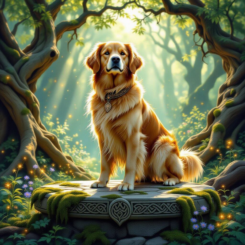 Golden Retriever on Ancient Altar in Enchanted Forest