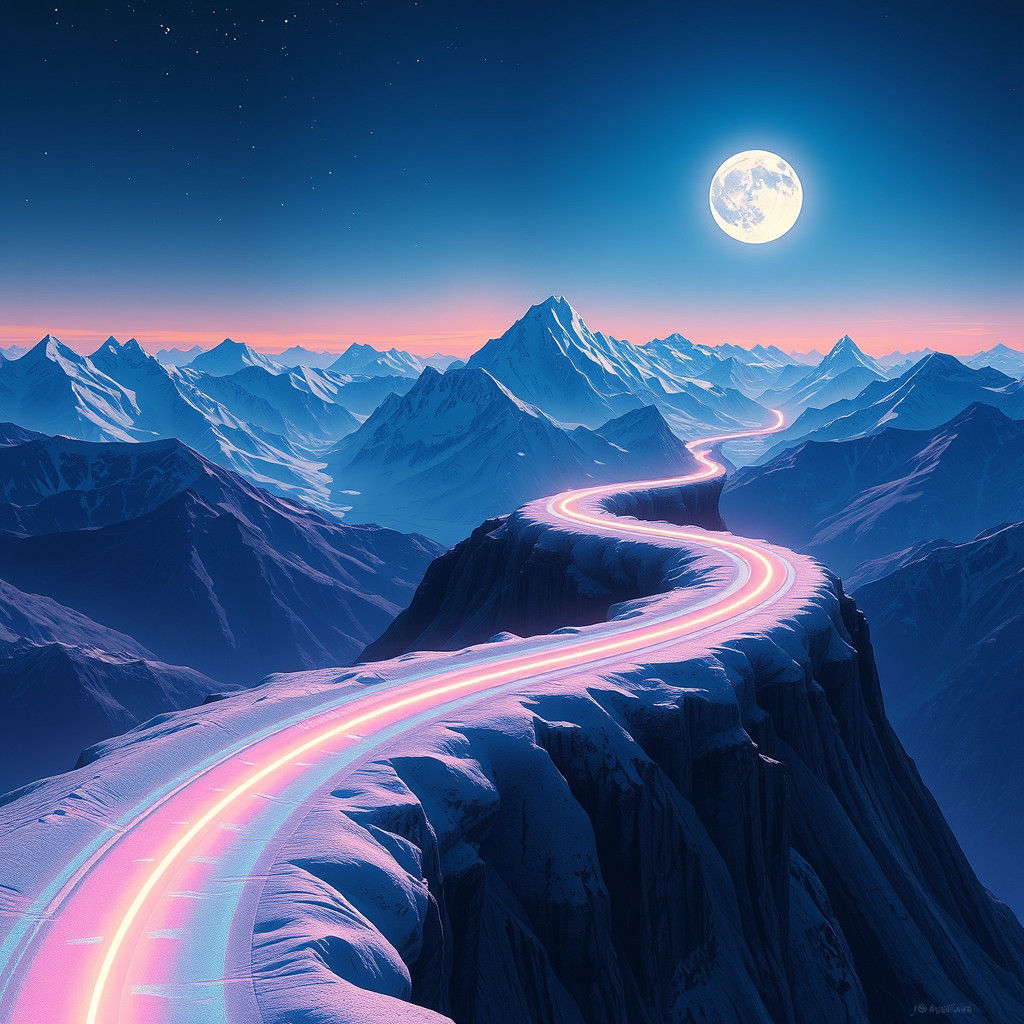 Ethereal Bike Trail Above Night Mountains in Cyberpunk Style