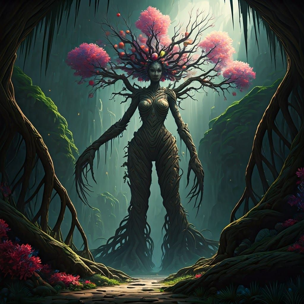 Ancient Tree Guardian with Vibrant Pom-Pom Hair