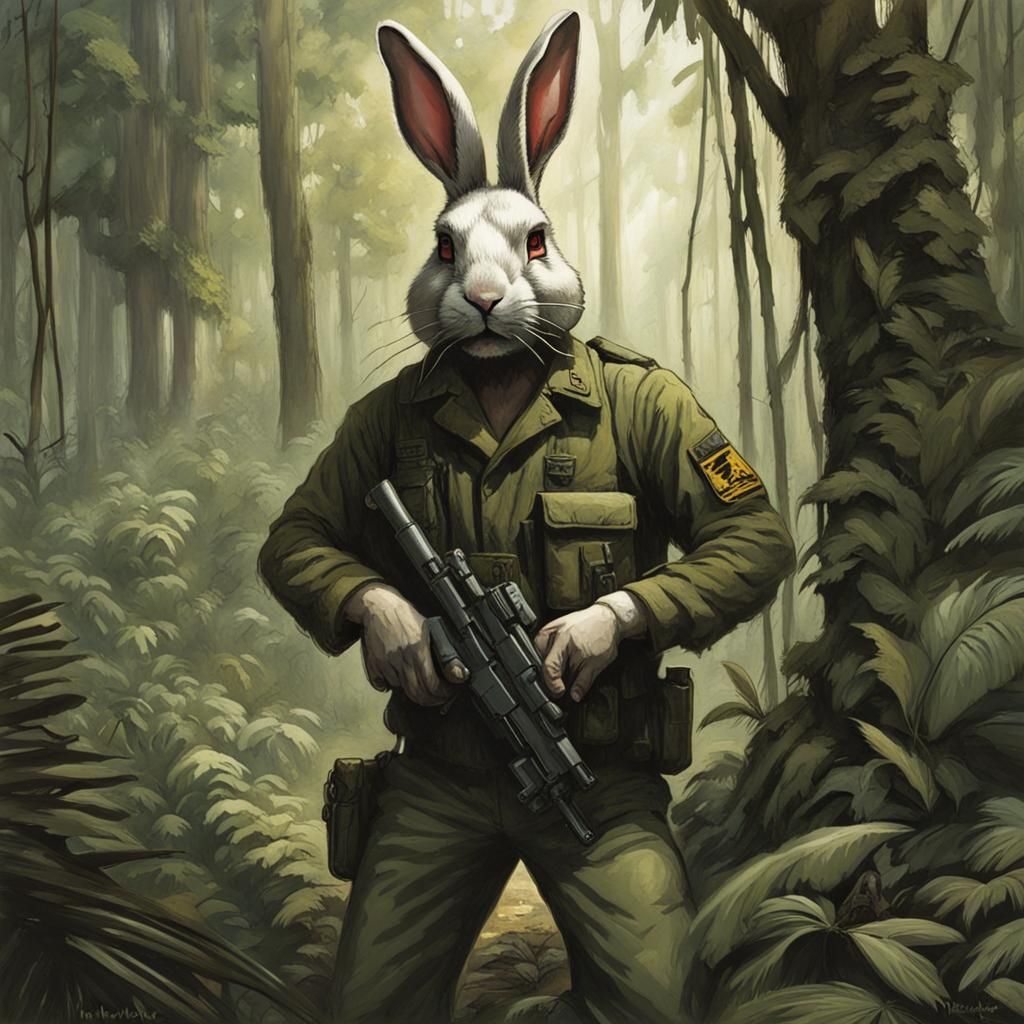 Rabbit Soldier in Jungle, HR Geiger Style