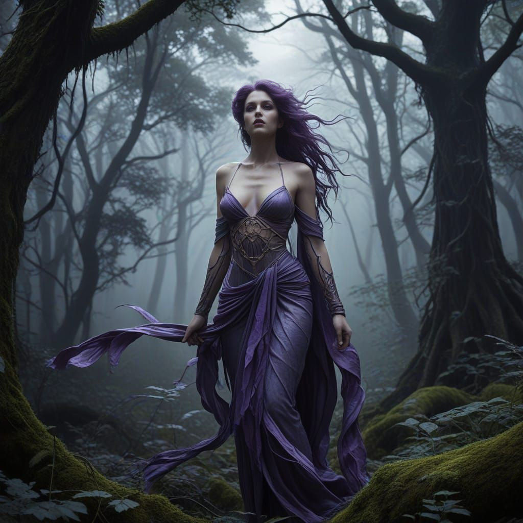Dark Fantasy Lilith in Violet Hair, White Serpent, Forest, M...