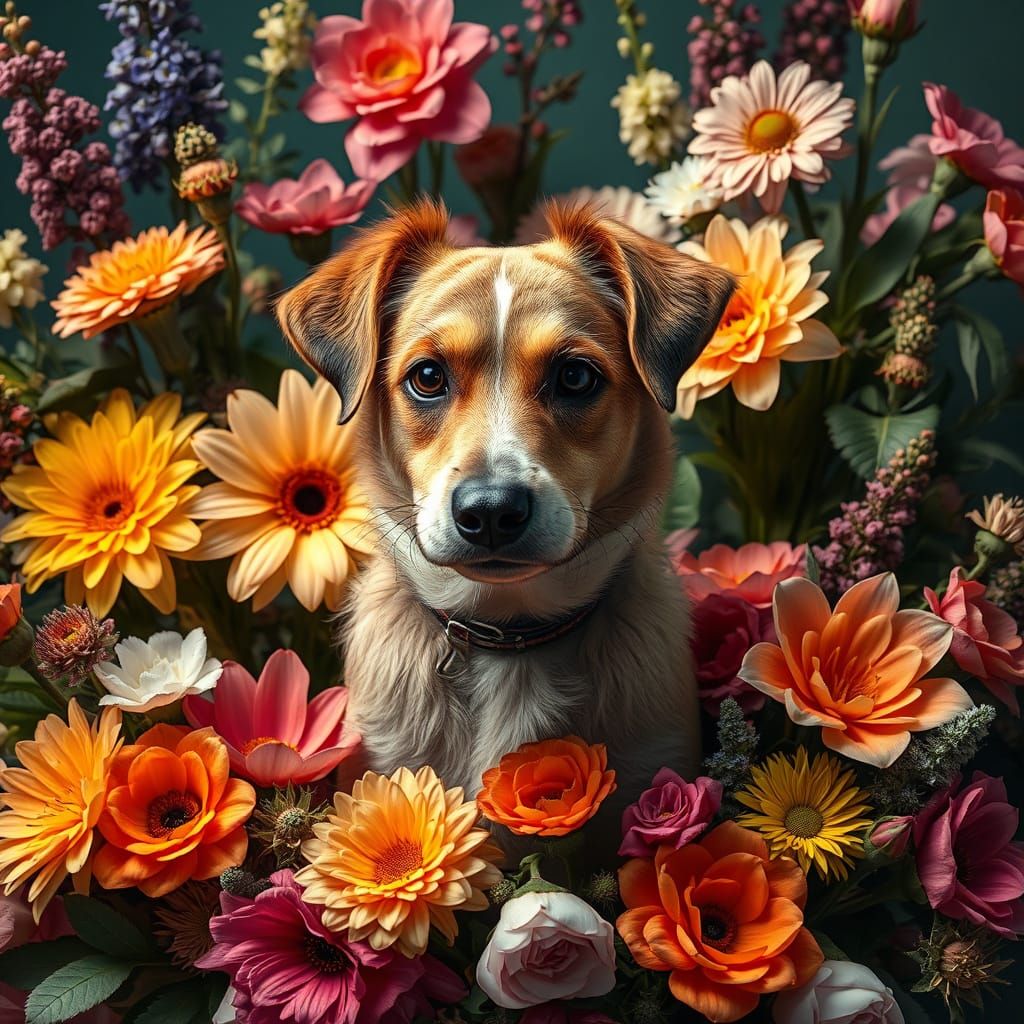 Surreal Floral Portrait of a Dog in Hyper-Detailed Style