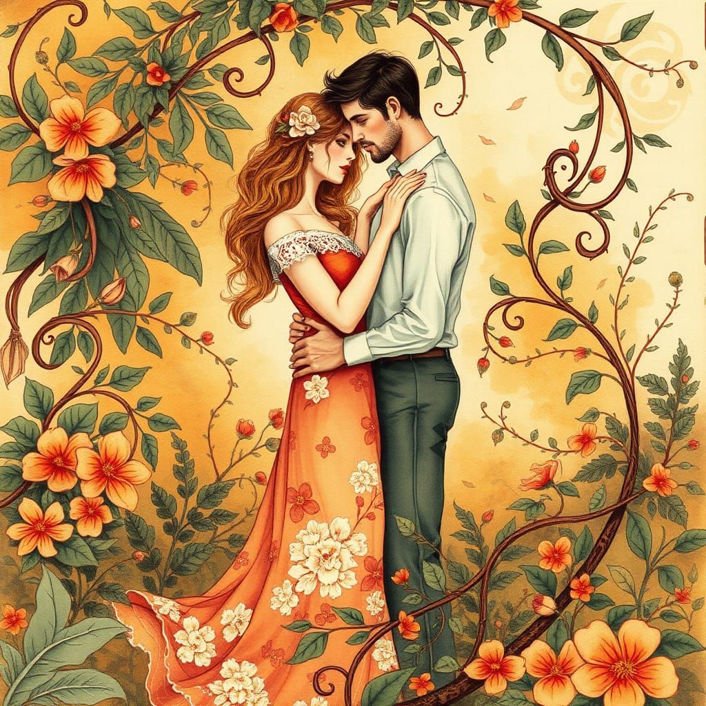 Romantic Couple in Garden in Art Nouveau Style
