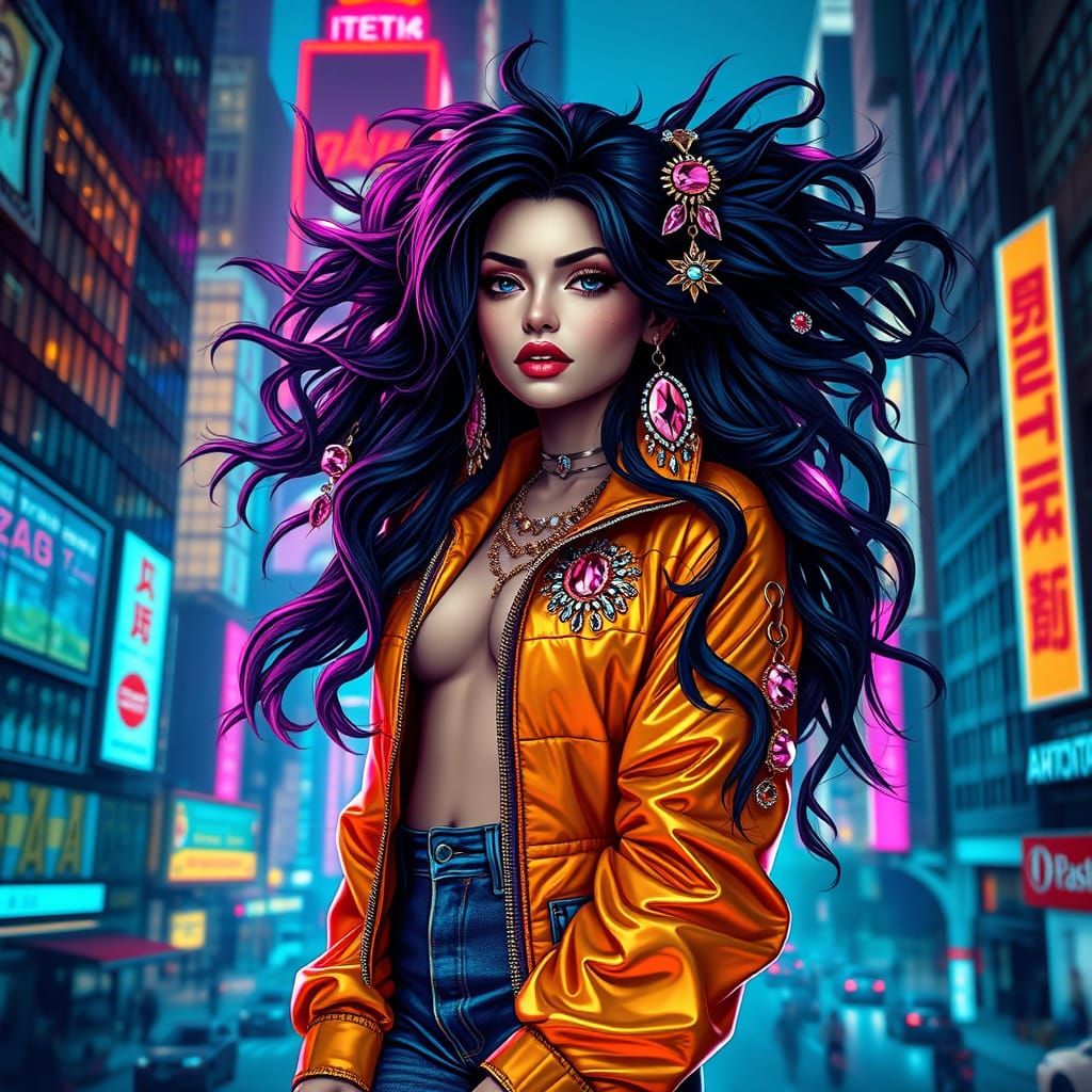 Cyberpunk Goddess in Vibrant Cityscape