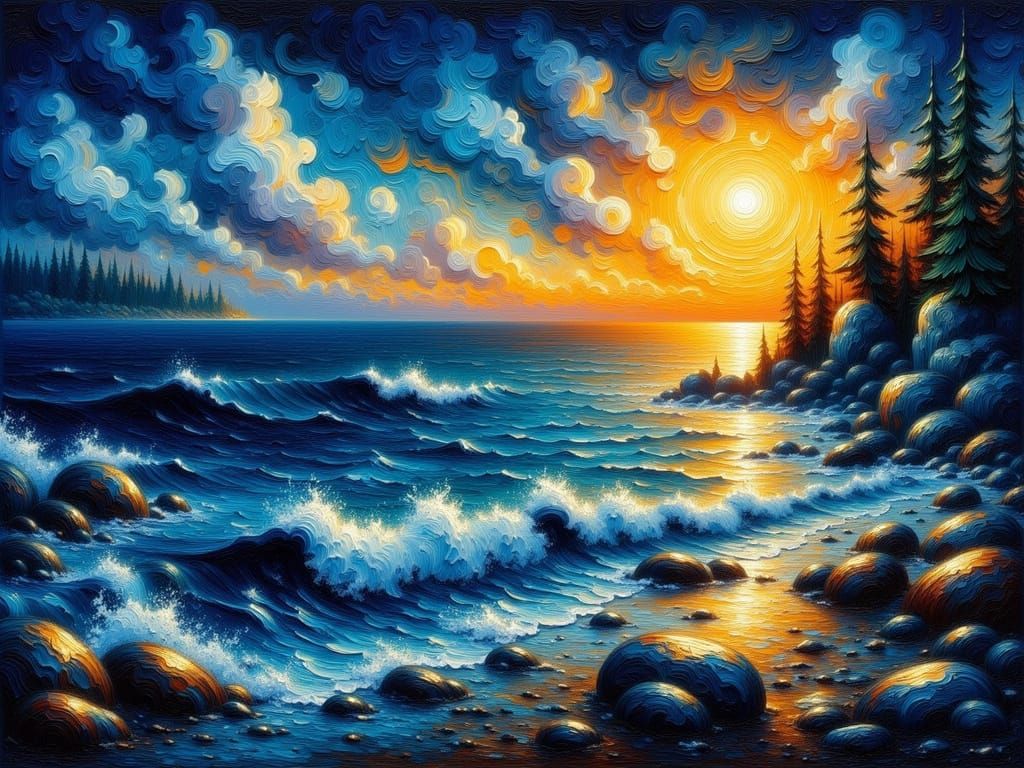 Textured Oil Painting of a Seascape at Night in Van Gogh Sty...