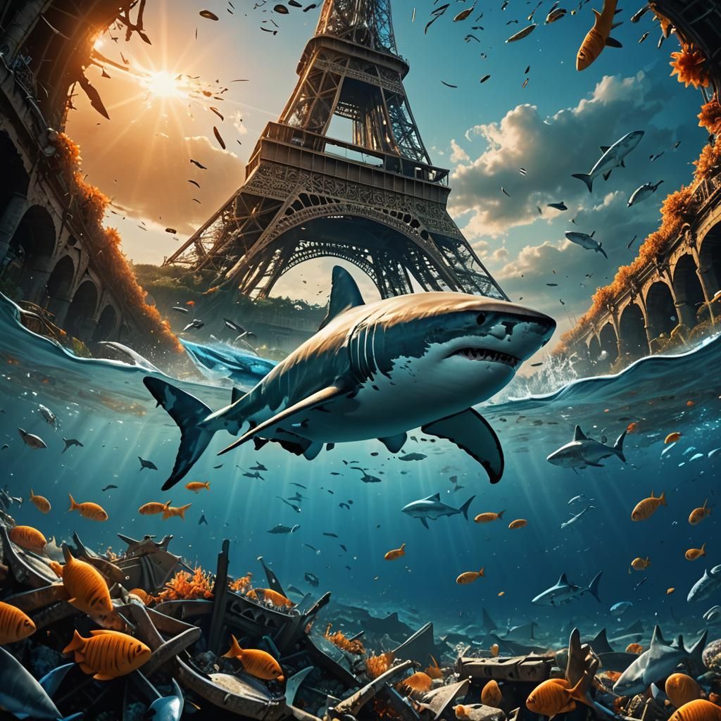 Great White Shark Swims Submerged Eiffel Tower