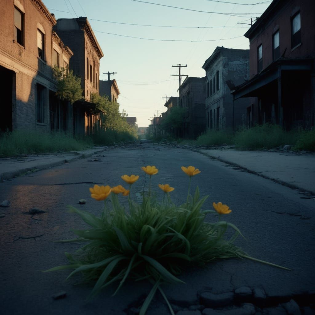 Post-Apocalyptic Cityscape with Lone Flower
