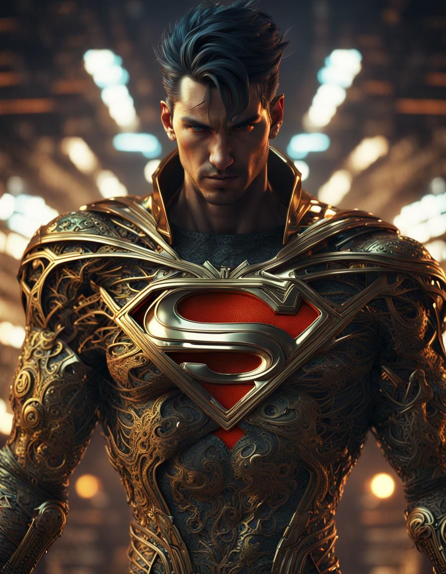 Cyberpunk Superman in Chrome and Gold Filigree