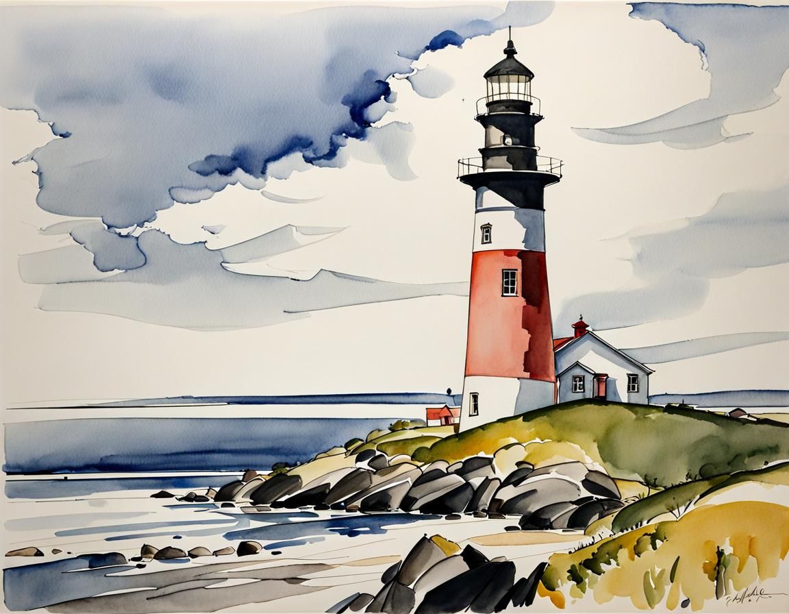 Coastal Lighthouse in Watercolor and Ink