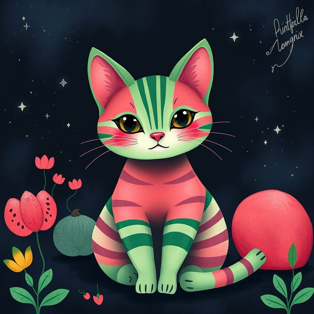 Regal Watermelon Cat Reigns in Enchanted Night Sky