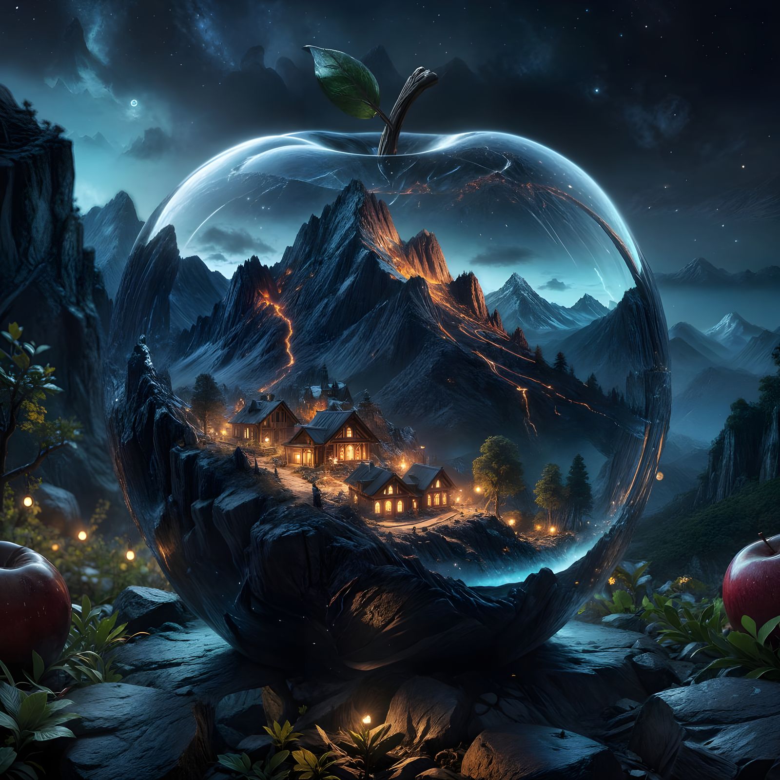 Dreamscape Mountain Scene at Night in Vibrant Glass Apple St...