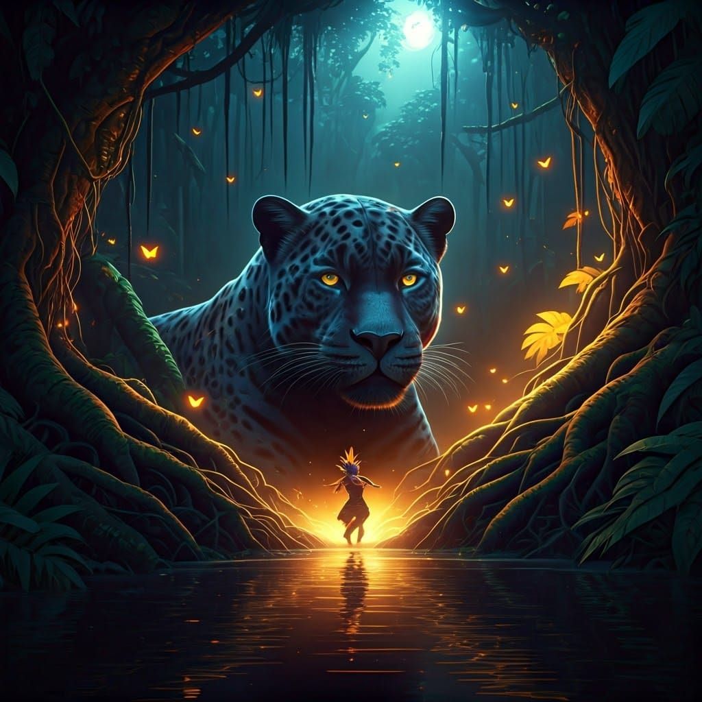 Amazon River Jaguar at Night, Dark Fantasy Concept Art