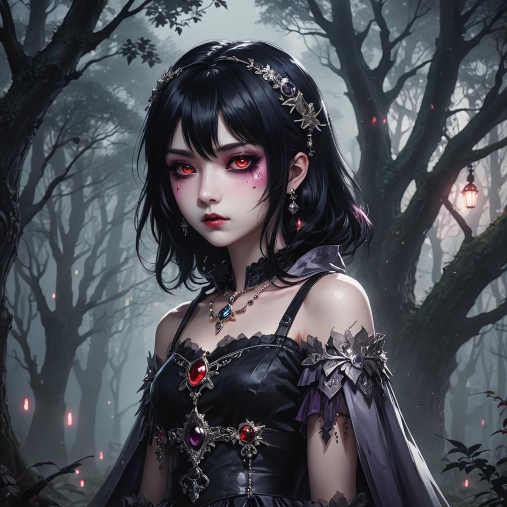 Ethereal Emo Vampire in Misty Forest: Anime Art