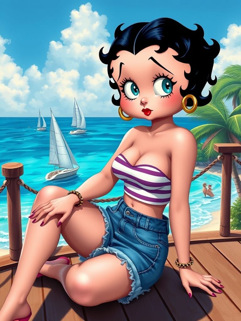 Betty Boop basking in a tropical beach paradise. Her signatu...