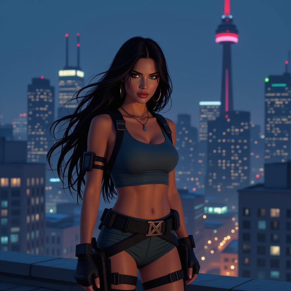 Rooftop Woman in Toronto at Night, Cinematic Noir