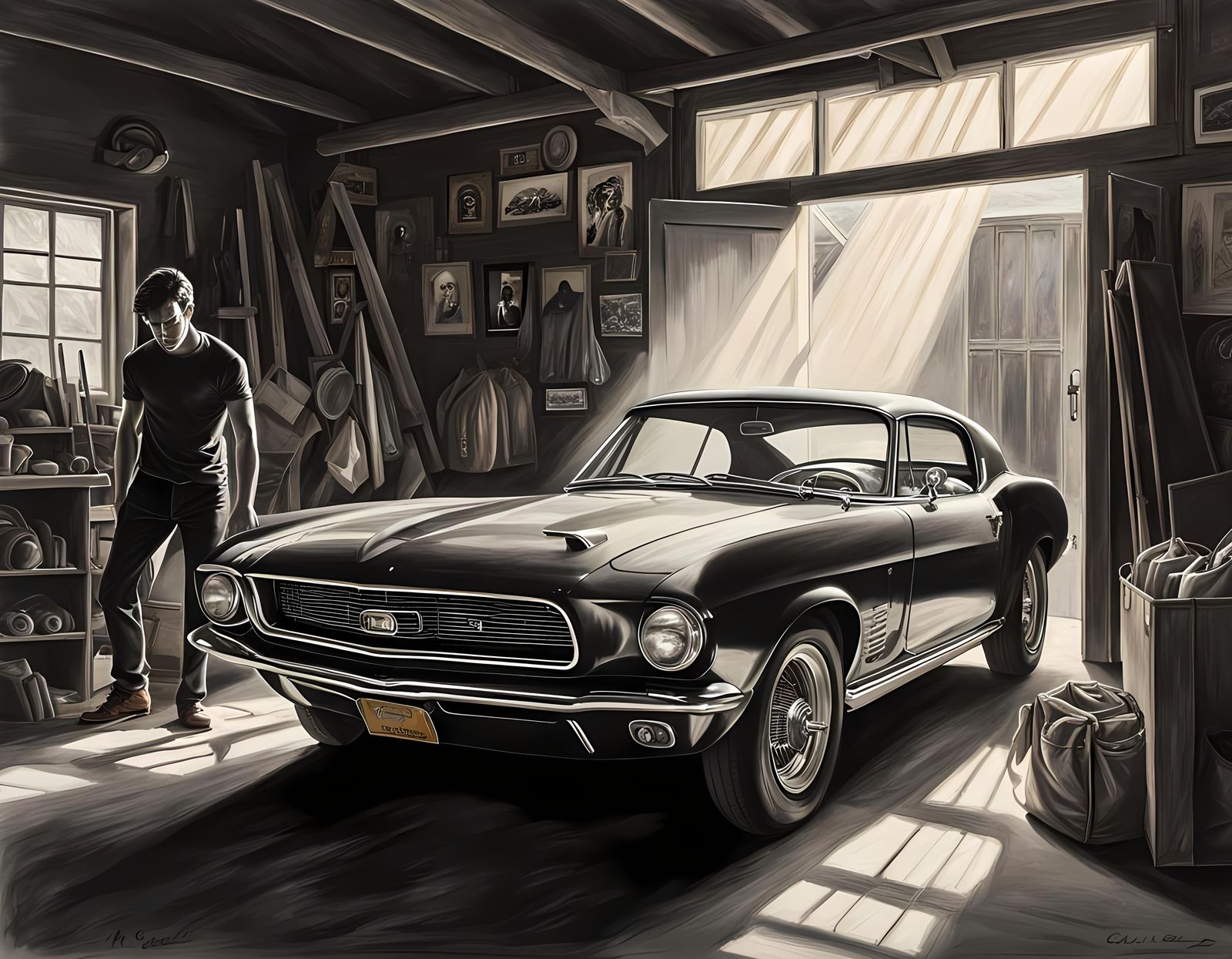 Young Man in Garage: Hyperdetailed Charcoal Drawing