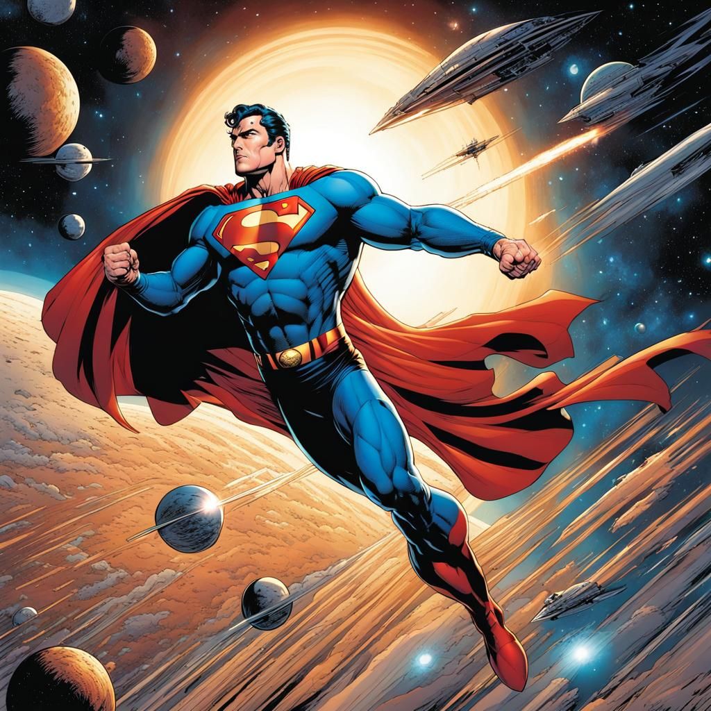Superman Flies in Space: Comic Book Art