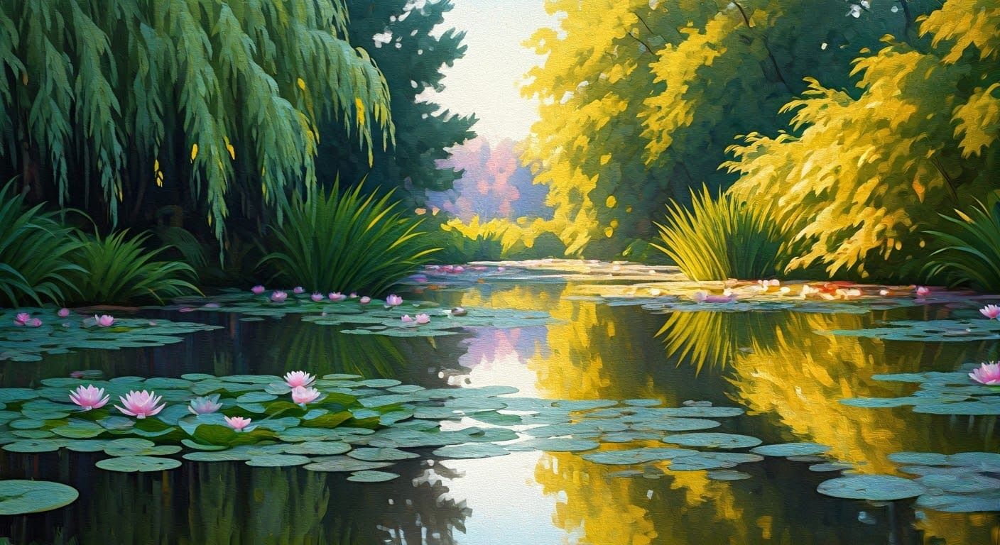 Impressionist Pond with Water Lilies in Watercolor