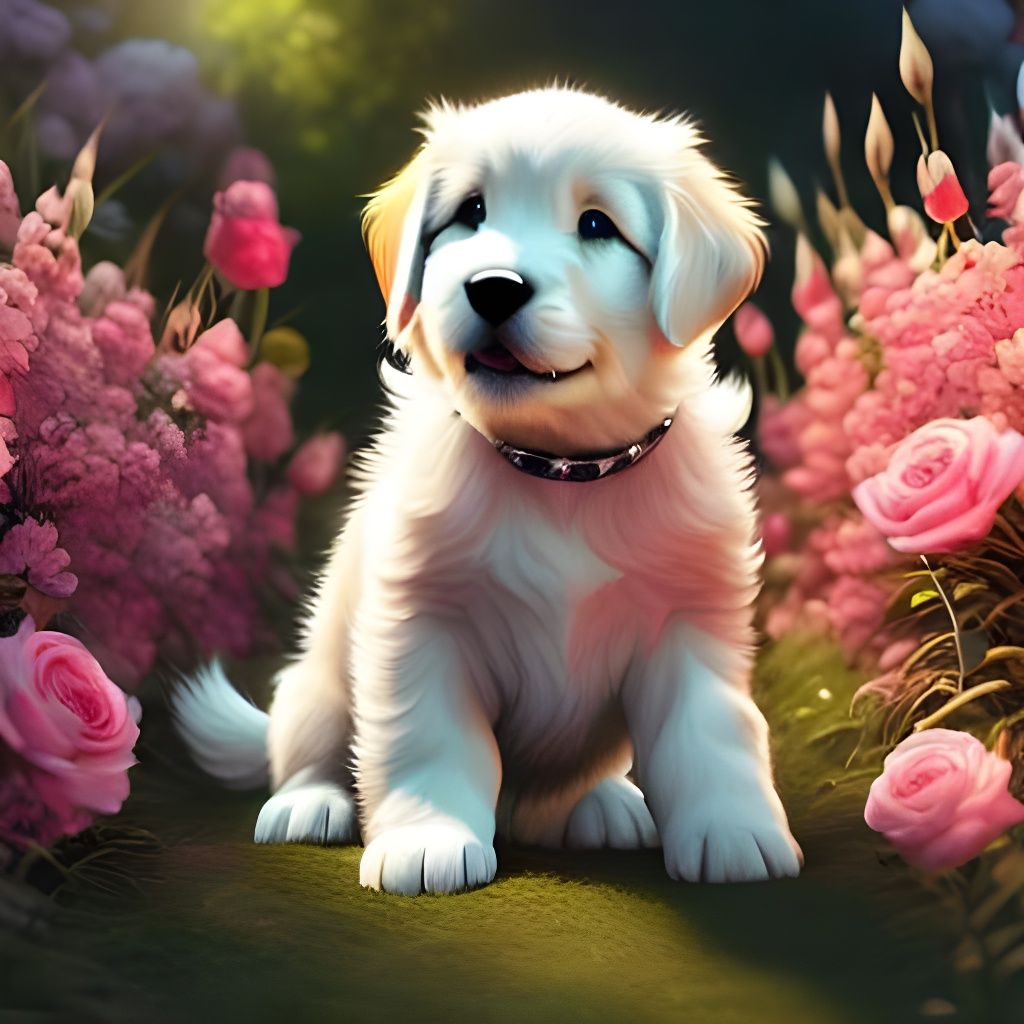 Cute Puppy in Pink Roses, Detailed Portrait