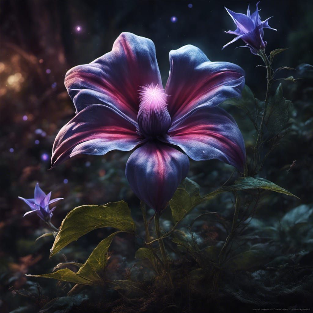 Nightflower in Mysterious Forest: Hyperrealistic Color Photo...