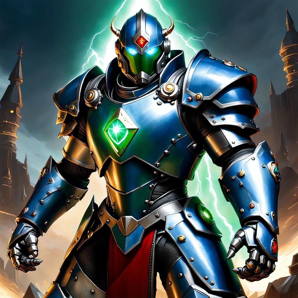 Warforged Artificer in Blue Armor with Lightning Node