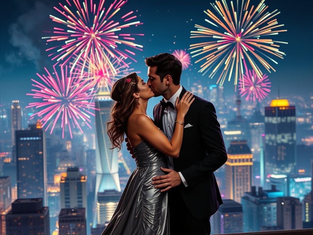 Stylish Couple Kiss Under Futuristic City Lights at Midnight