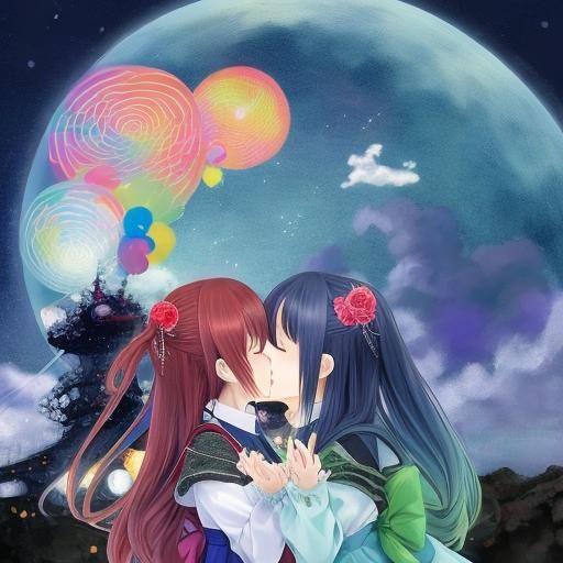 Anime Catgirls Kissing: Manga Style Illustration
