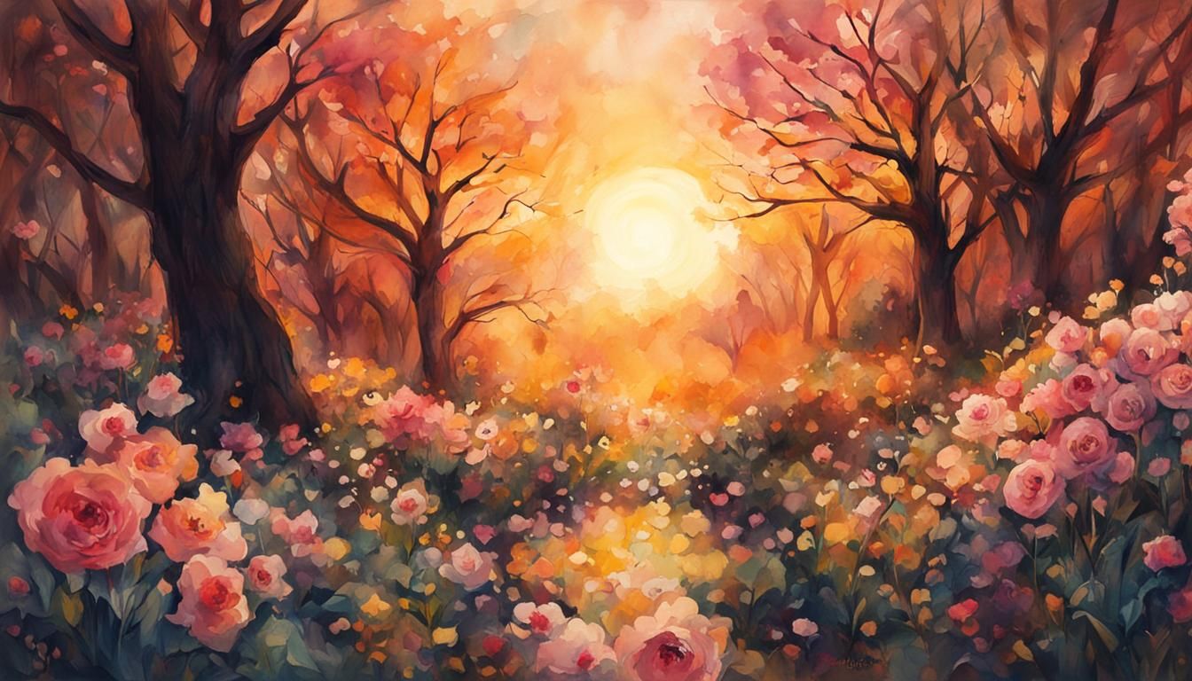 Golden Hour Meadow in Digital Watercolor Illustration