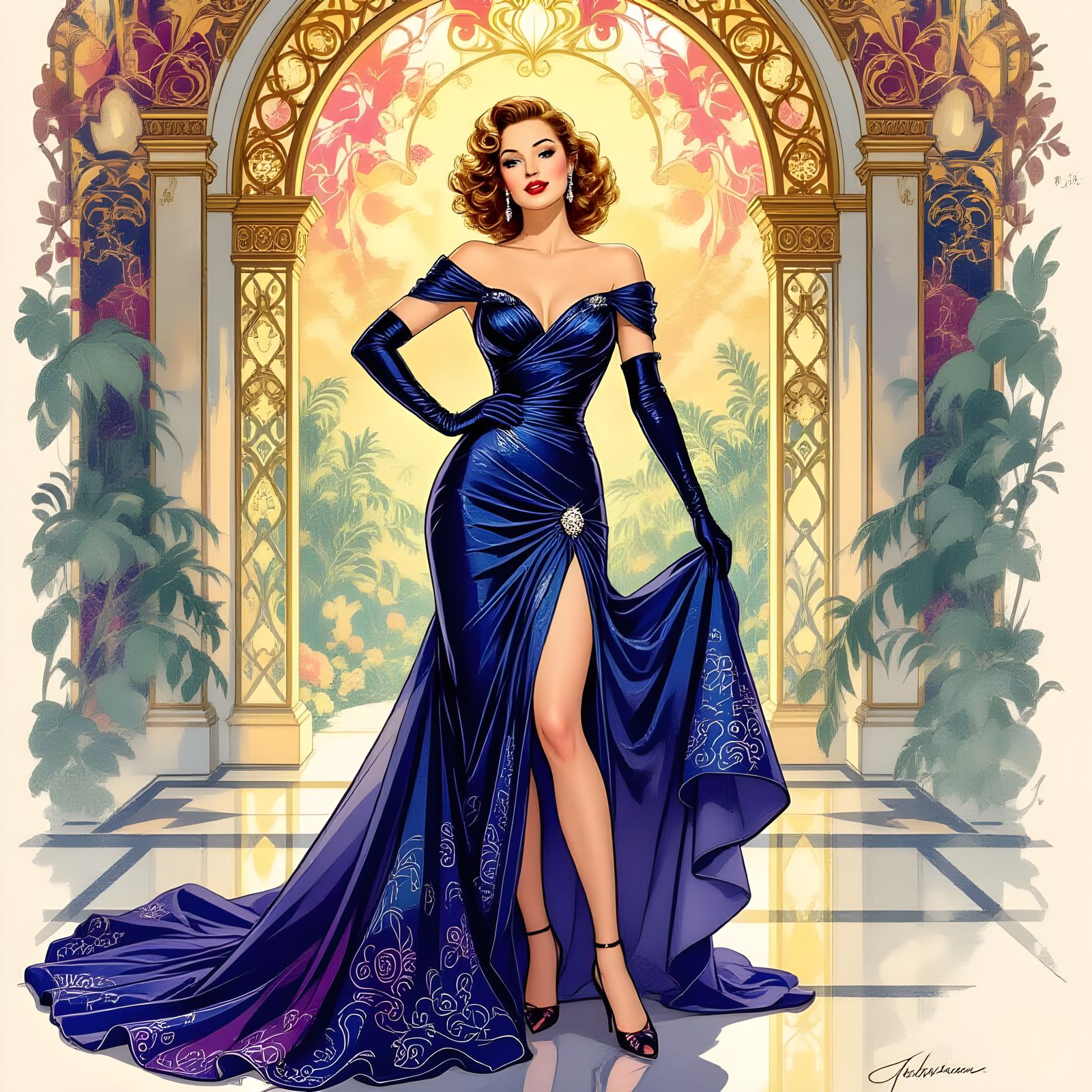 Glamorous 1940s Actress in Pen and Ink Style