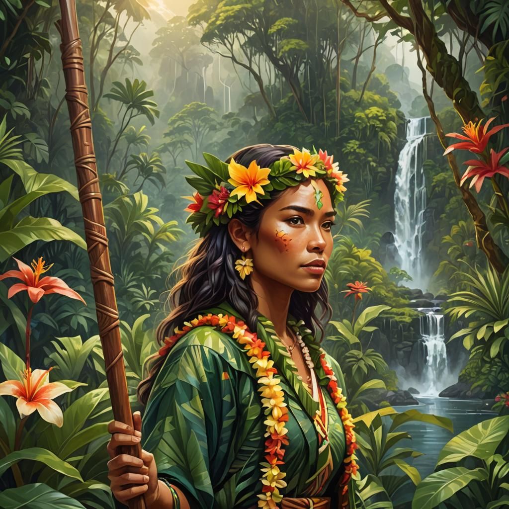 Hawaiian Kahuna Woman Portrait in Oil Painting Style