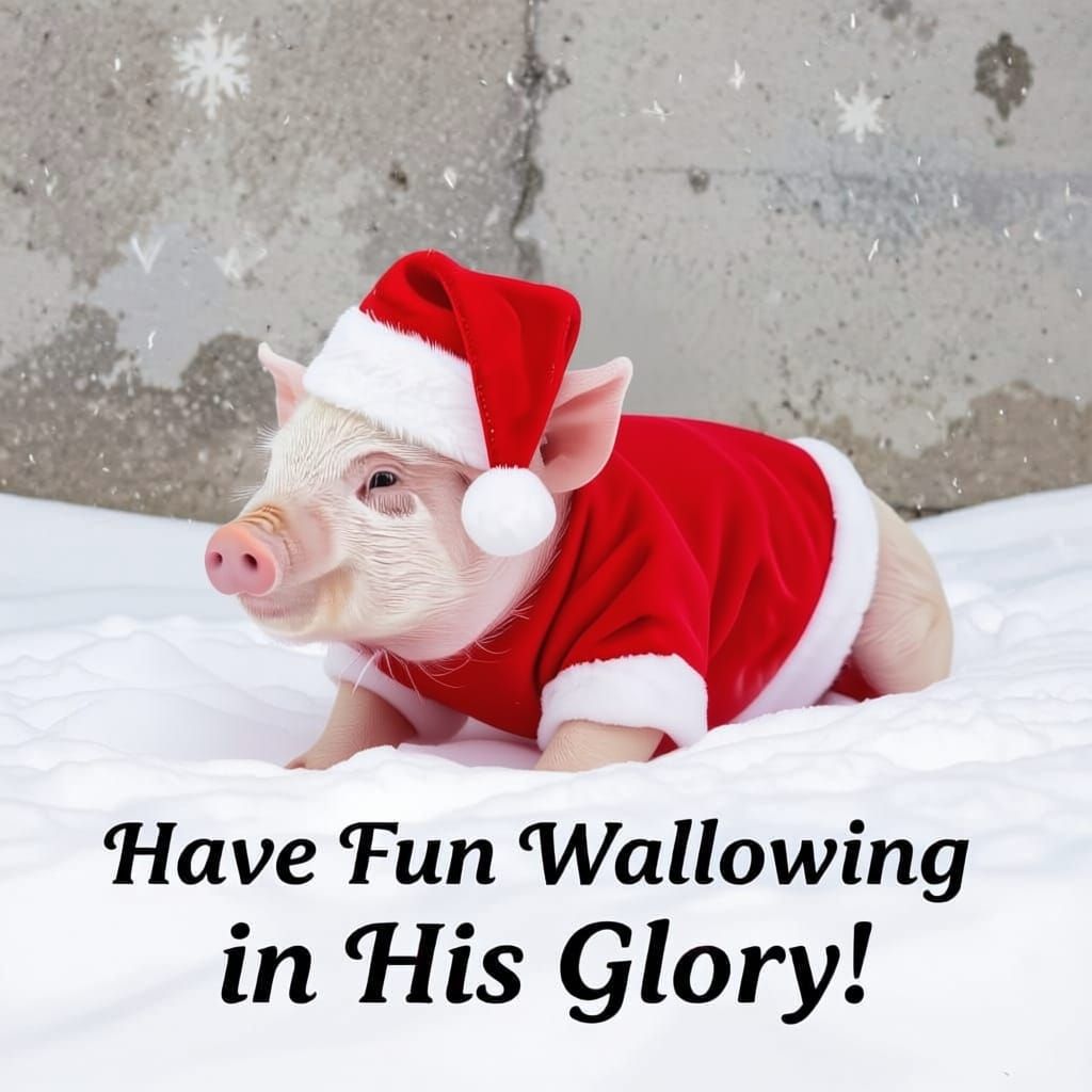 Cute Christmas Pig Wallowing in Snow and Divine Light