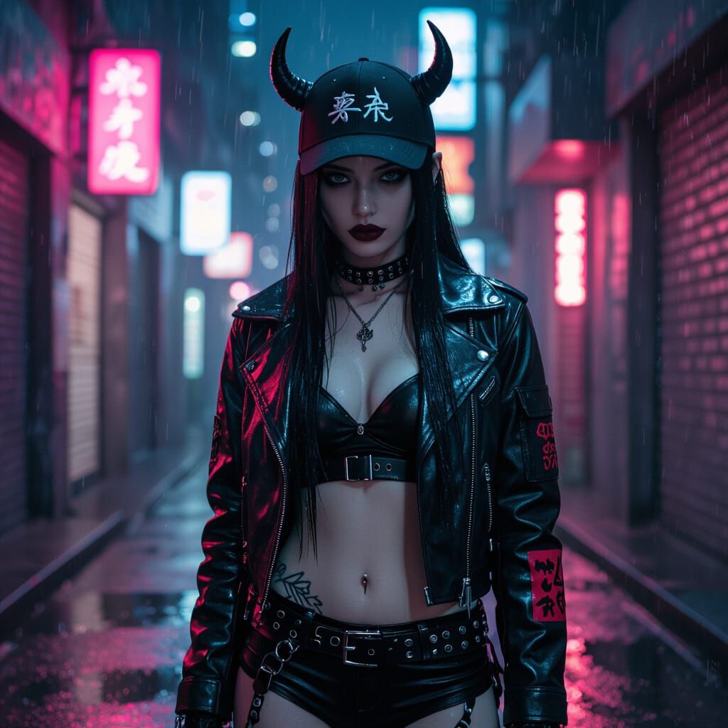 Gothic Cyberpunk Girl in Neon Alley