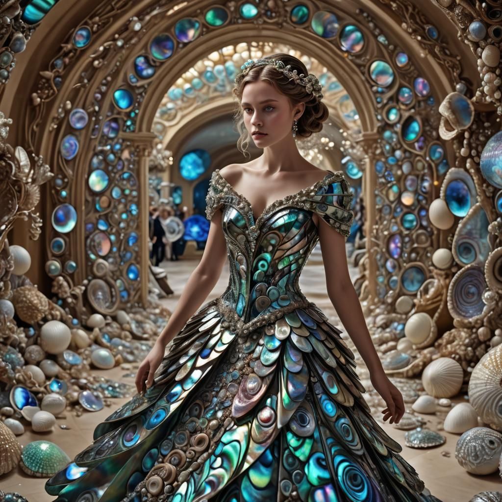 Seashell Adorned Woman in Ballroom: Hyperrealistic Image
