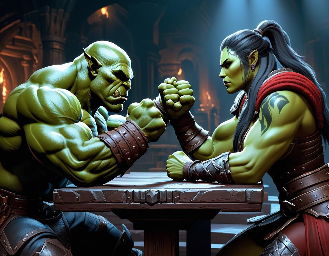 Muscular Female Warrior Arm Wrestling Orc in Digital Art