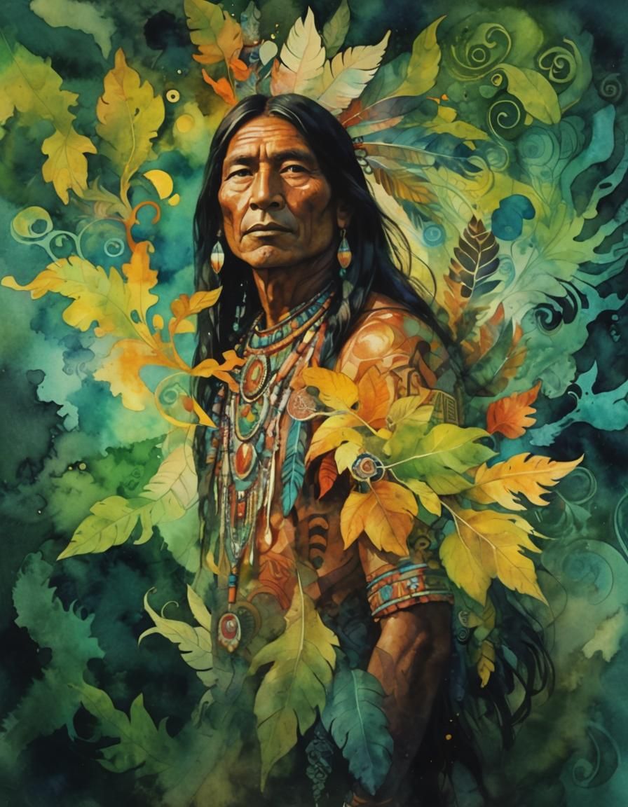 Native American Face in Vibrant Watercolor Abstract