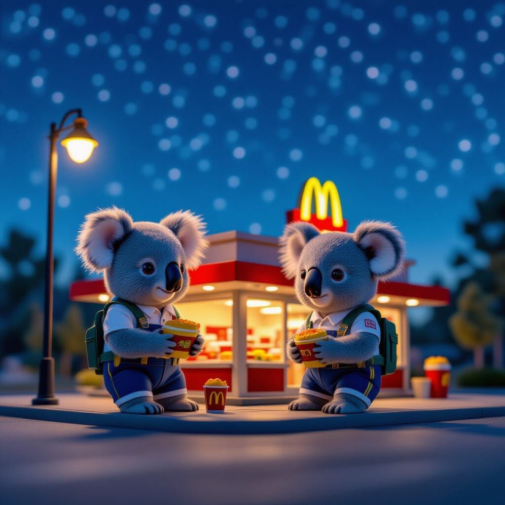 Koalas Run a McDonald's at Night: Photorealistic Digital Art
