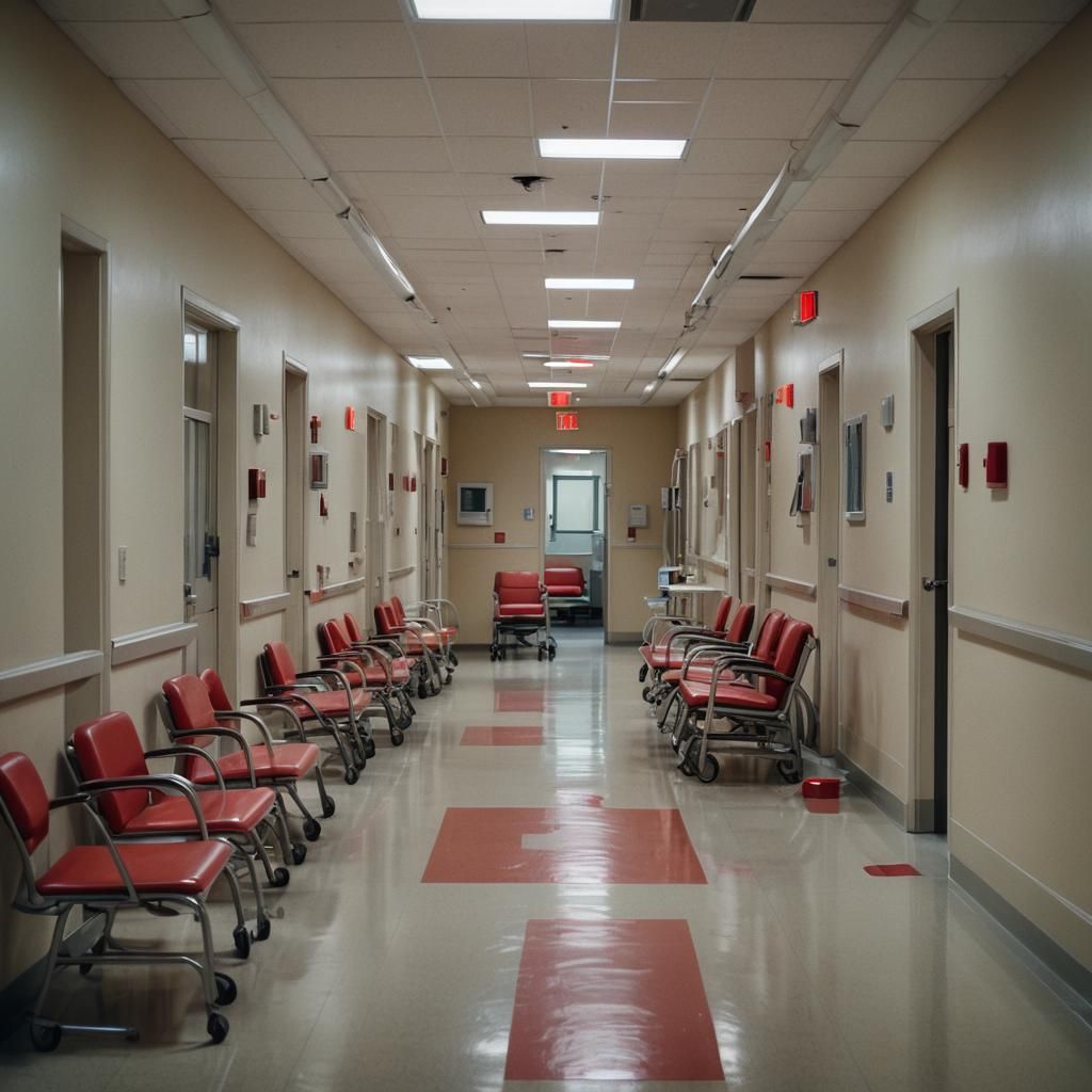 Dramatic Red-Lit Hospital Hallway Cinematic Still