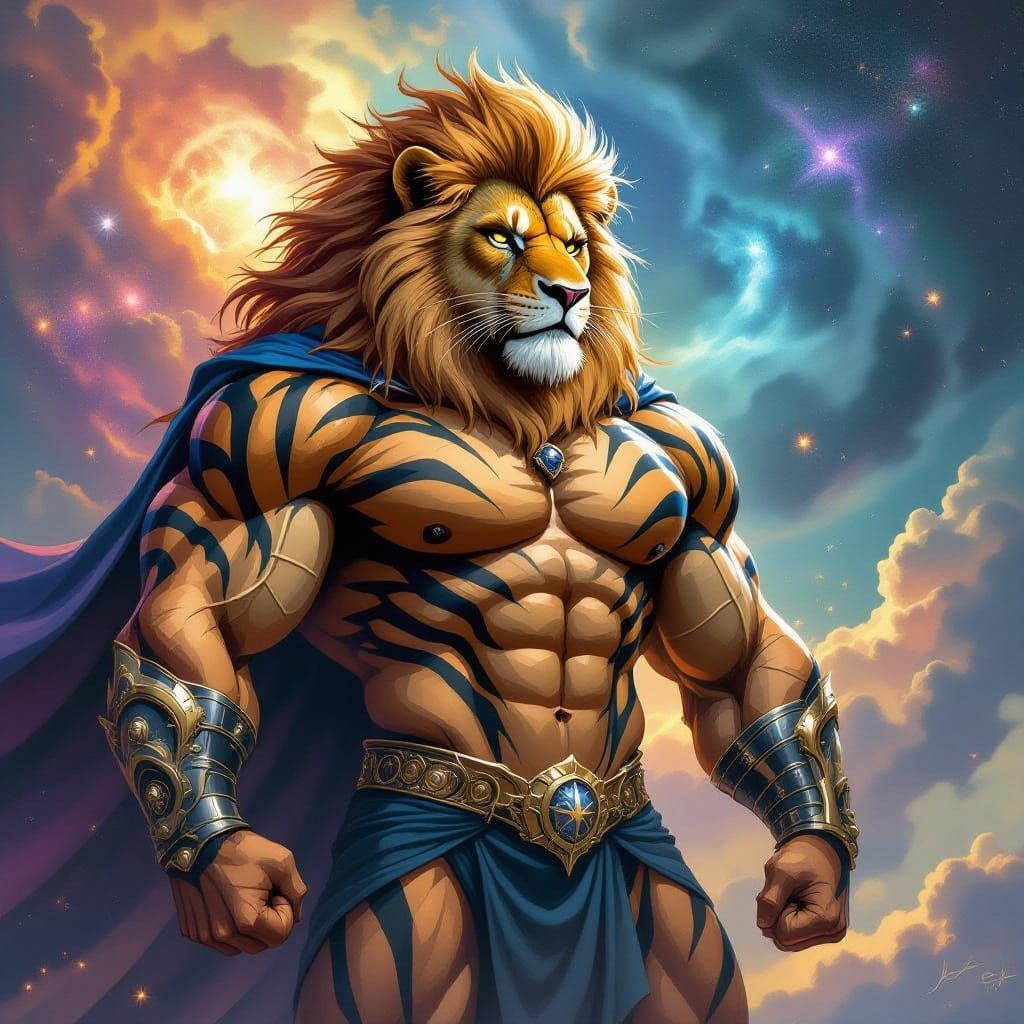 Lion-Tiger Hybrid God Poses Amidst Cosmic Nebula