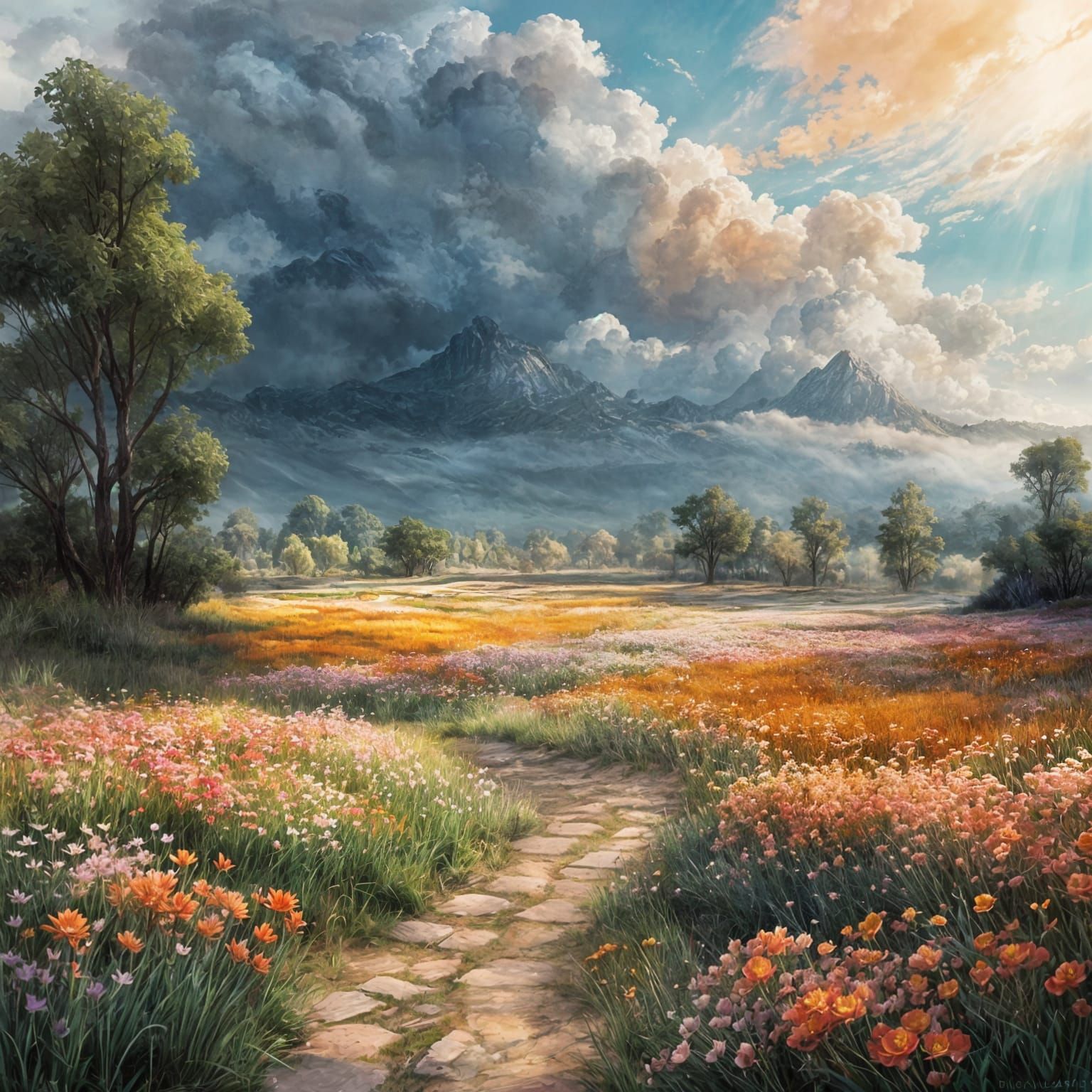 Surreal Landscape: Footprints Bloom into Flowers, Ruins Merg...