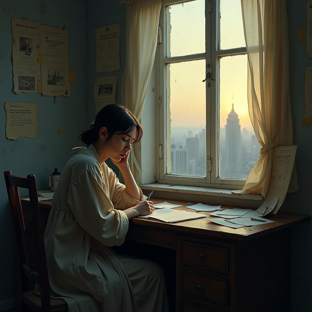 Sorrowful Woman at Desk in Painterly Oil Style