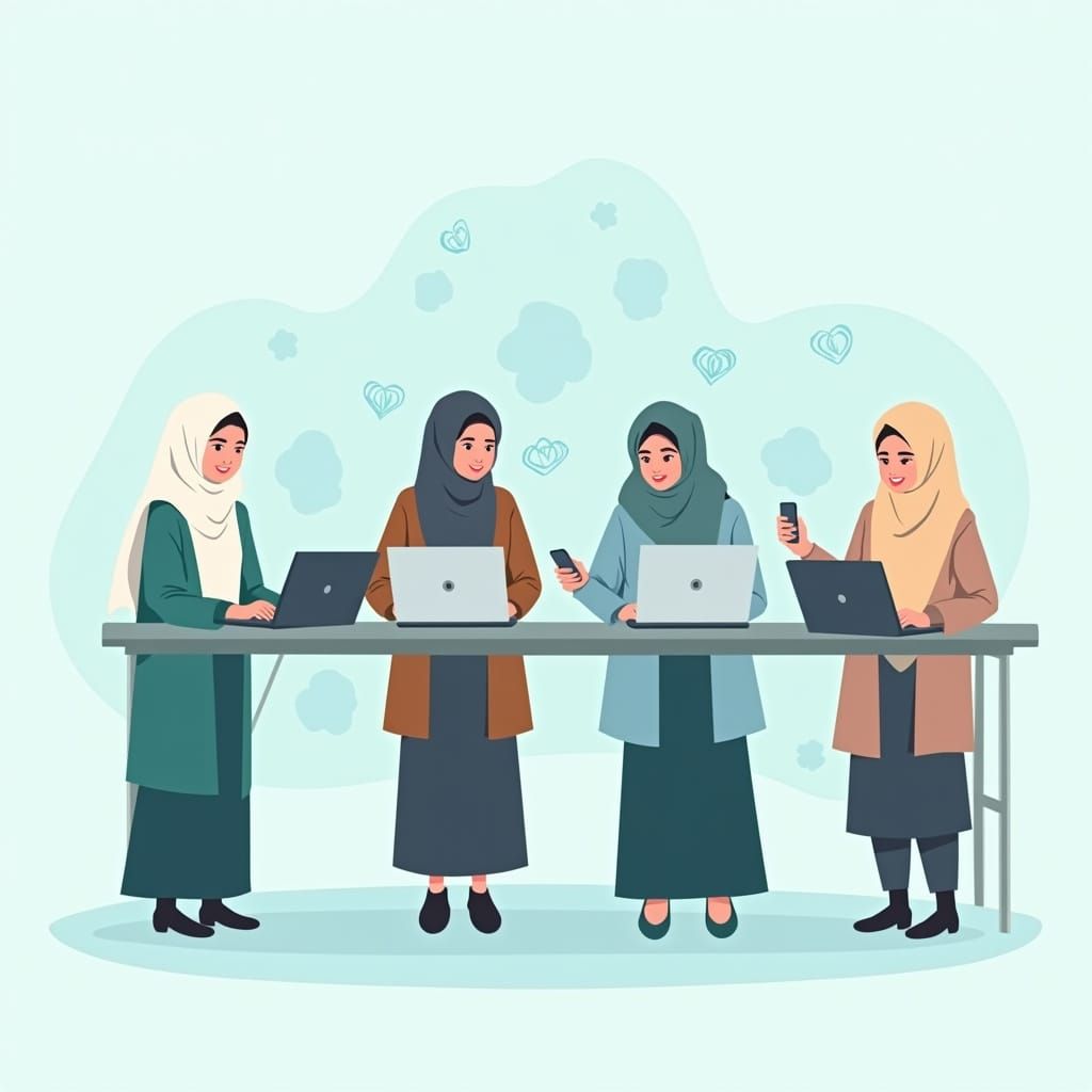 Afghan Women Collaborating Digitally in Flat Vector Style