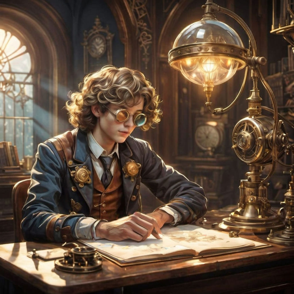 Young Inventor in Victorian Steampunk Study