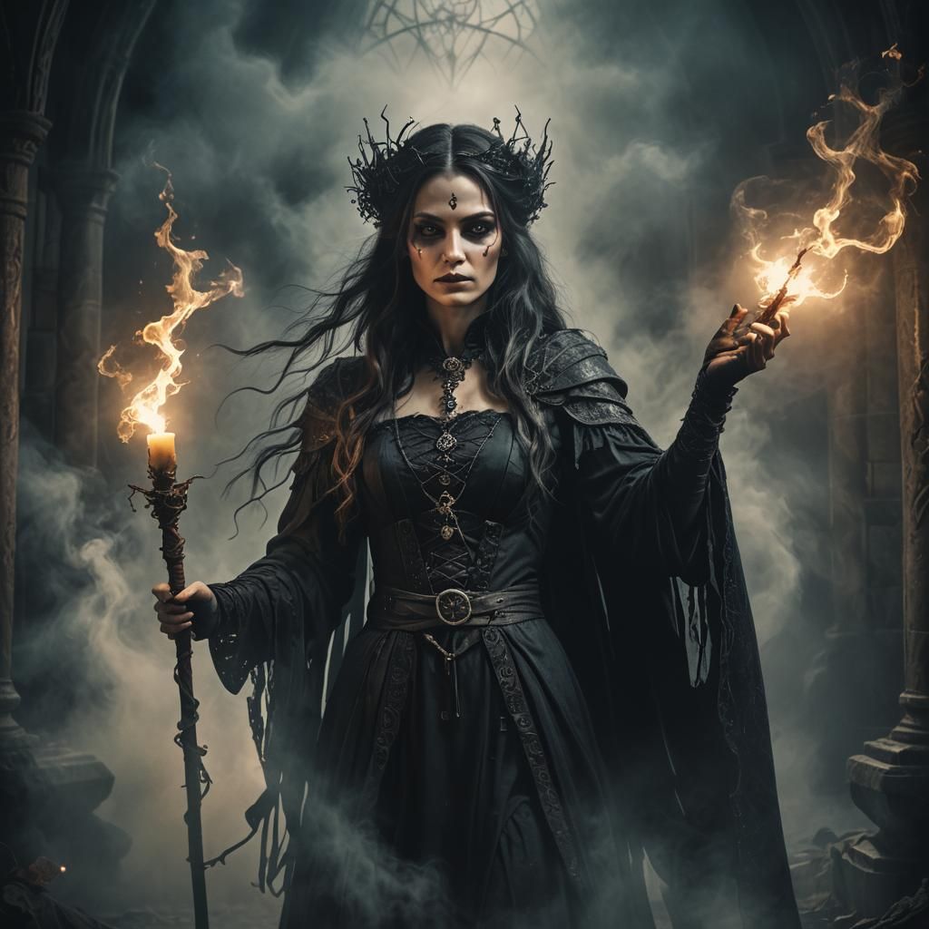 Dark Surrealism: Gothic Sorceress with Mystical Staff