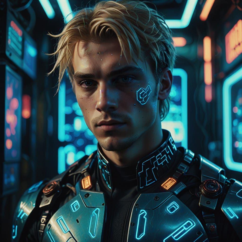 Cybernetic American Male Portrait in Cyberpunk Style