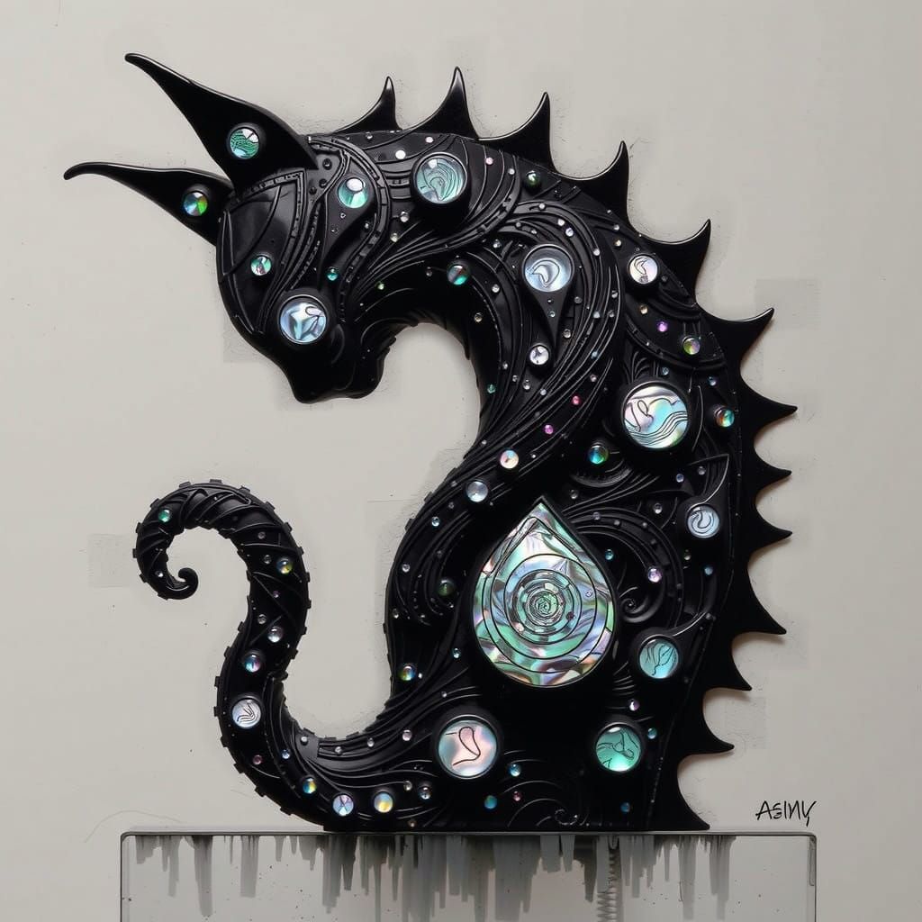 Iridescent Abalone Cat Carving in Art Nouveau Style